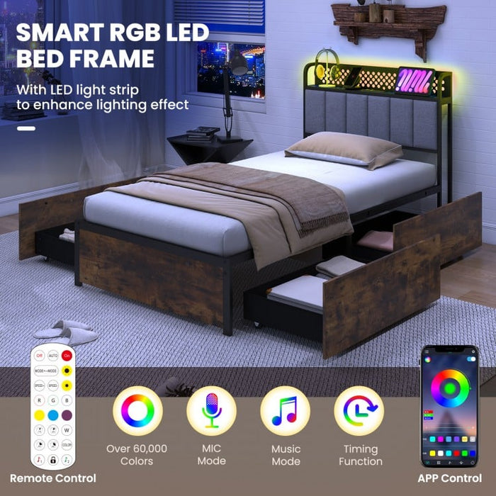 Costway Furniture:Industrial Style Metal Bed with Drawers and LED Lighting