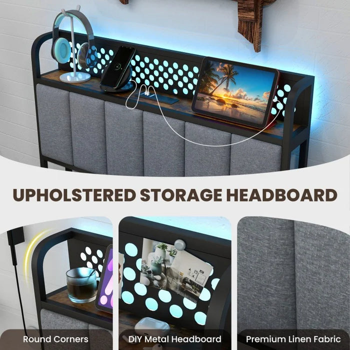 Costway Furniture:Industrial Style Metal Bed with Drawers and LED Lighting