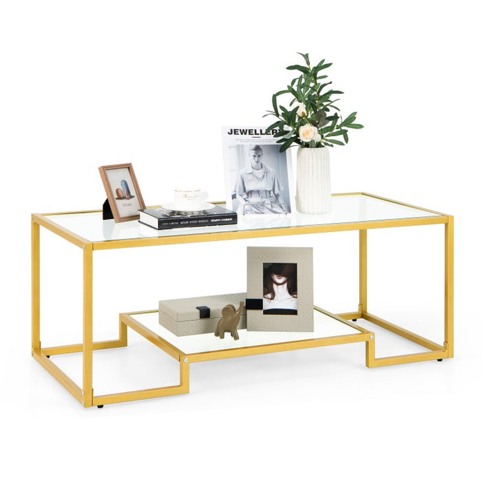 Modern Double-Layer Coffee Table with Tempered Glass Top - Suitable for Living Room and Office