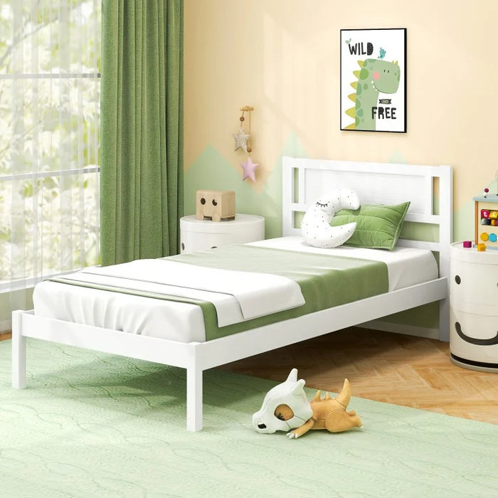 White Minimalist Solid Wood Bed Frame with Headboard