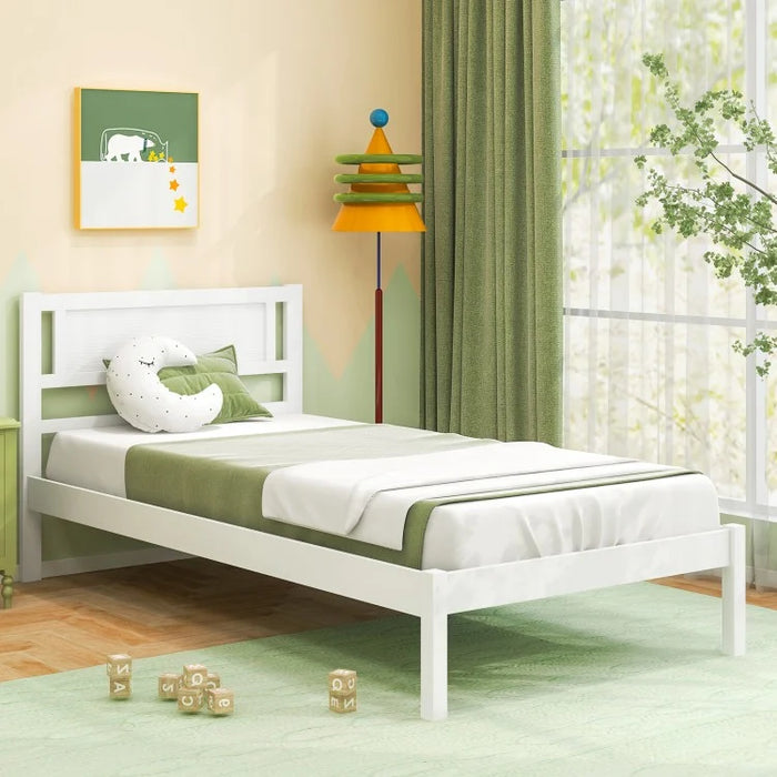White Minimalist Solid Wood Bed Frame with Headboard