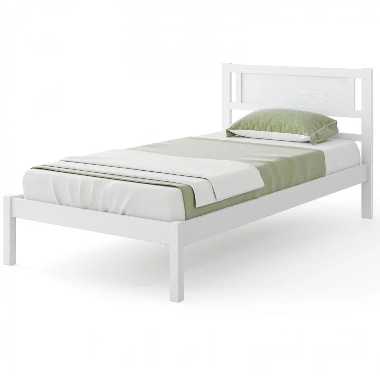 White Minimalist Solid Wood Bed Frame with Headboard