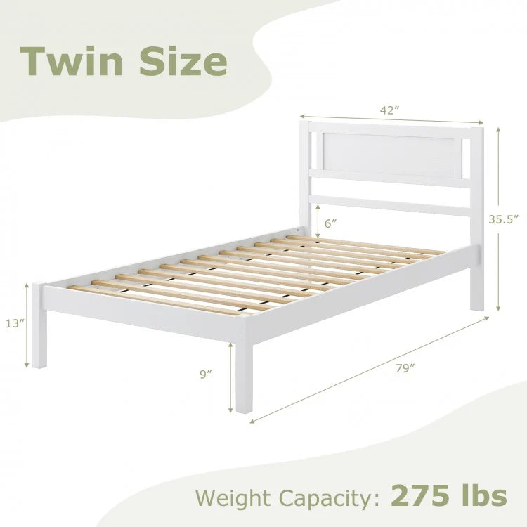 White Minimalist Solid Wood Bed Frame with Headboard