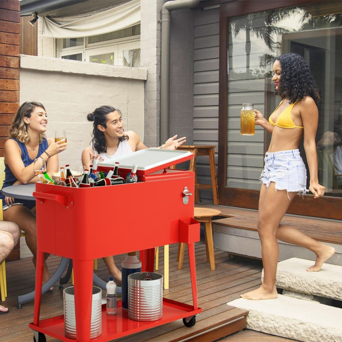 Outdoor Red Patio Cooler Cart with Rolling Chiller