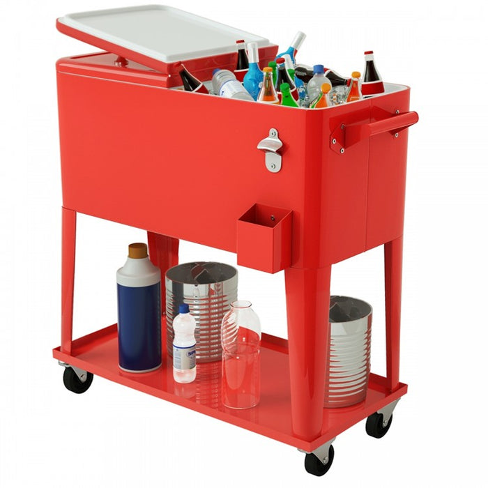Outdoor Red Patio Cooler Cart with Rolling Chiller