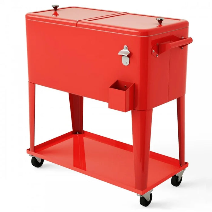 Outdoor Red Patio Cooler Cart with Rolling Chiller