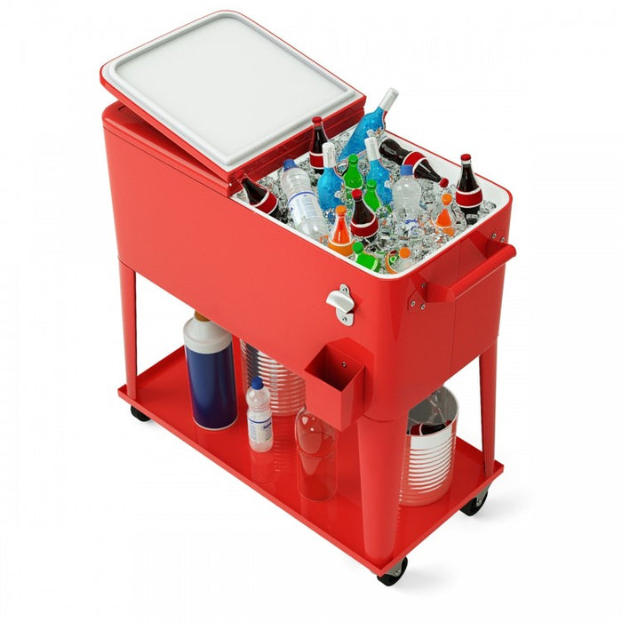 Outdoor Red Patio Cooler Cart with Rolling Chiller