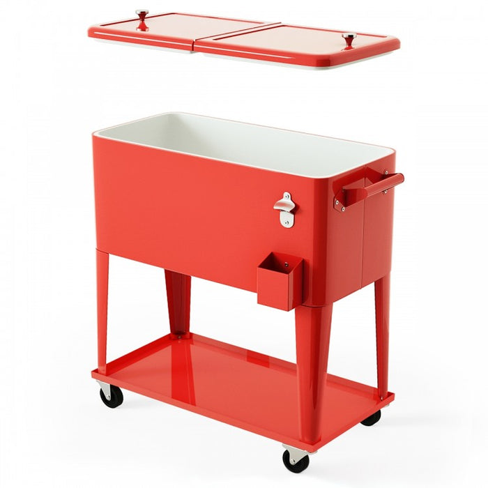 Outdoor Red Patio Cooler Cart with Rolling Chiller