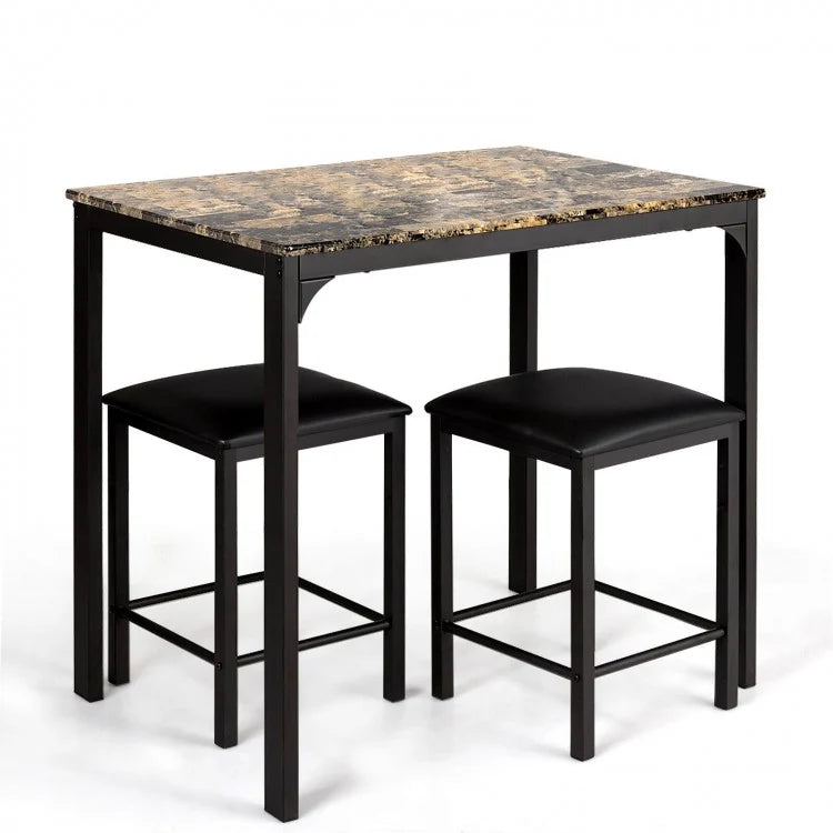 Modern Minimalist Dining Table Set with Marble Top - Includes 2 Cushioned Stools - Suitable for Restaurant and Cafe