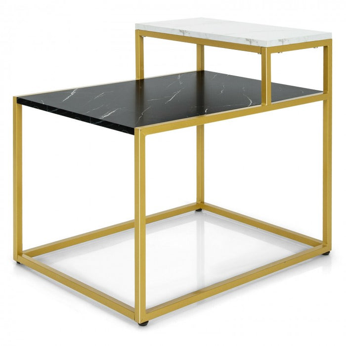 Costway Marble Side Table Nightstand with 2-Tier Storage Shelf and Marble Top - Suitable for Living Room and Bedroom
