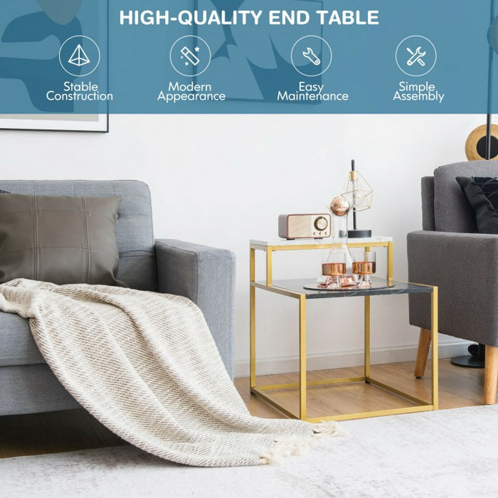 Costway Marble Side Table Nightstand with 2-Tier Storage Shelf and Marble Top - Suitable for Living Room and Bedroom