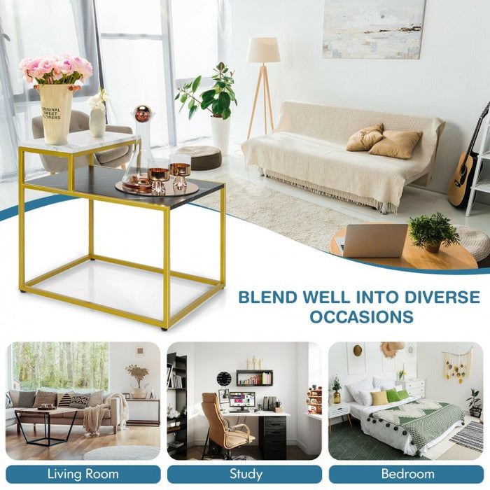 Costway Marble Side Table Nightstand with 2-Tier Storage Shelf and Marble Top - Suitable for Living Room and Bedroom