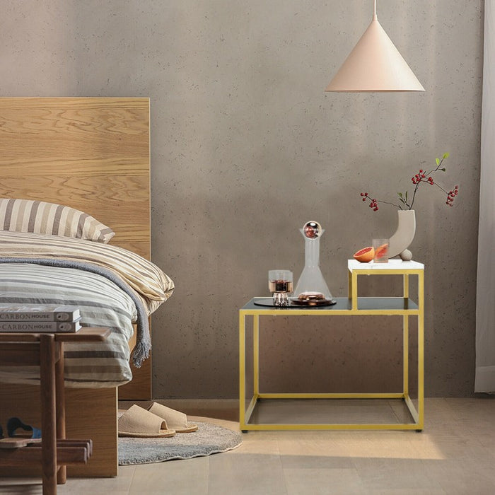 Costway Marble Side Table Nightstand with 2-Tier Storage Shelf and Marble Top - Suitable for Living Room and Bedroom