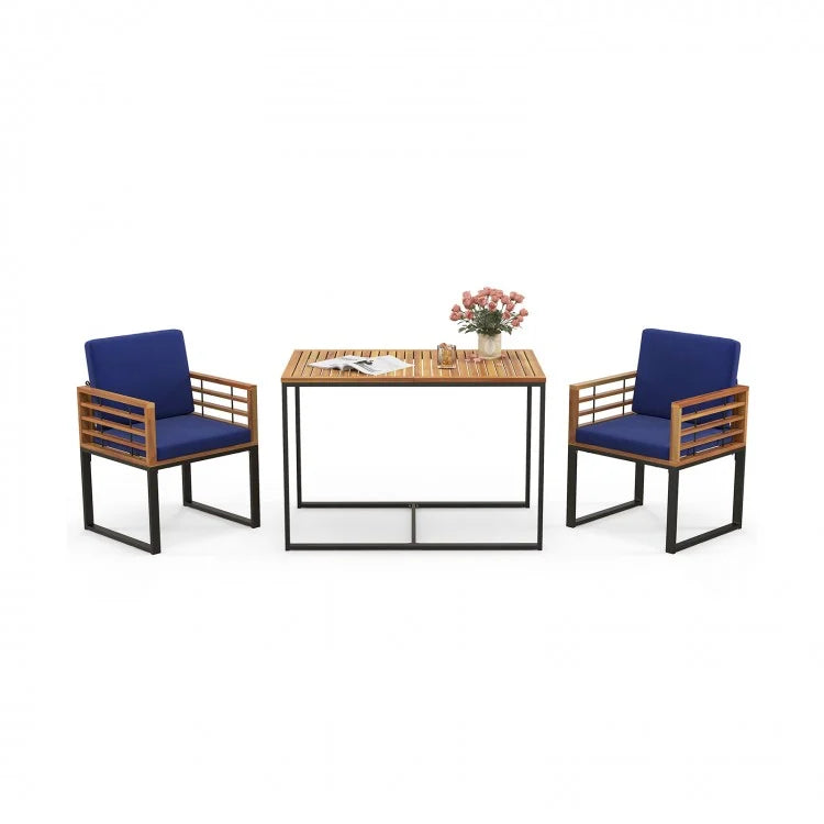 Outdoor Wood Dining Table Set - 3-Piece Set with Built-in 2 Armchairs and 1 Dining Table - Suitable for Backyard and Poolside