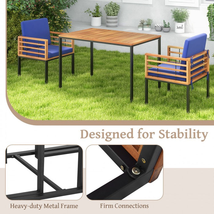 Outdoor Wood Dining Table Set - 3-Piece Set with Built-in 2 Armchairs and 1 Dining Table - Suitable for Backyard and Poolside