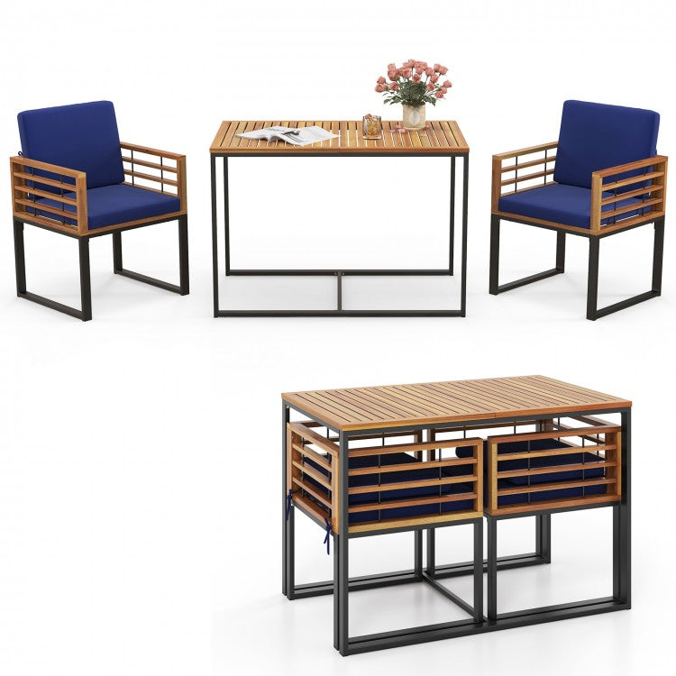 Outdoor Wood Dining Table Set - 3-Piece Set with Built-in 2 Armchairs and 1 Dining Table - Suitable for Backyard and Poolside