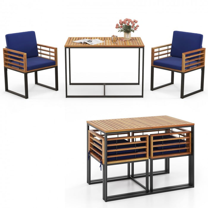 Outdoor Wood Dining Table Set - 3-Piece Set with Built-in 2 Armchairs and 1 Dining Table - Suitable for Backyard and Poolside