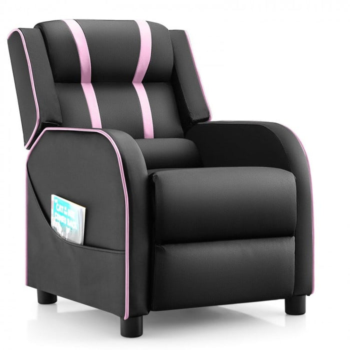 Costway Genuine Leather Couch Recliner Chair for Kids with Side Pockets and Footrest - Suitable for Bedroom and Playroom