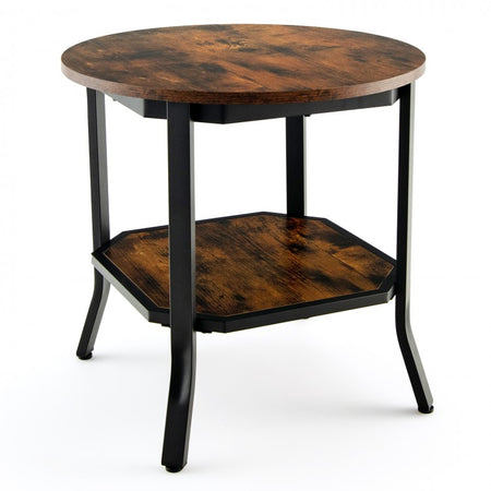 Costway Industrial Style Round Side Table with 2-Tier Storage - Suitable for Living Room and Sofa Side