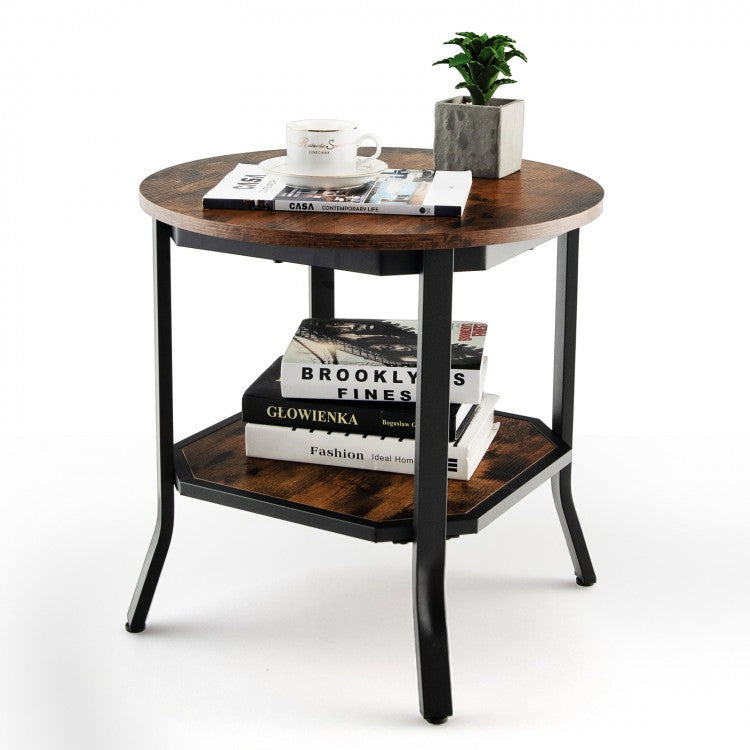 Costway Industrial Style Round Side Table with 2-Tier Storage - Suitable for Living Room and Sofa Side