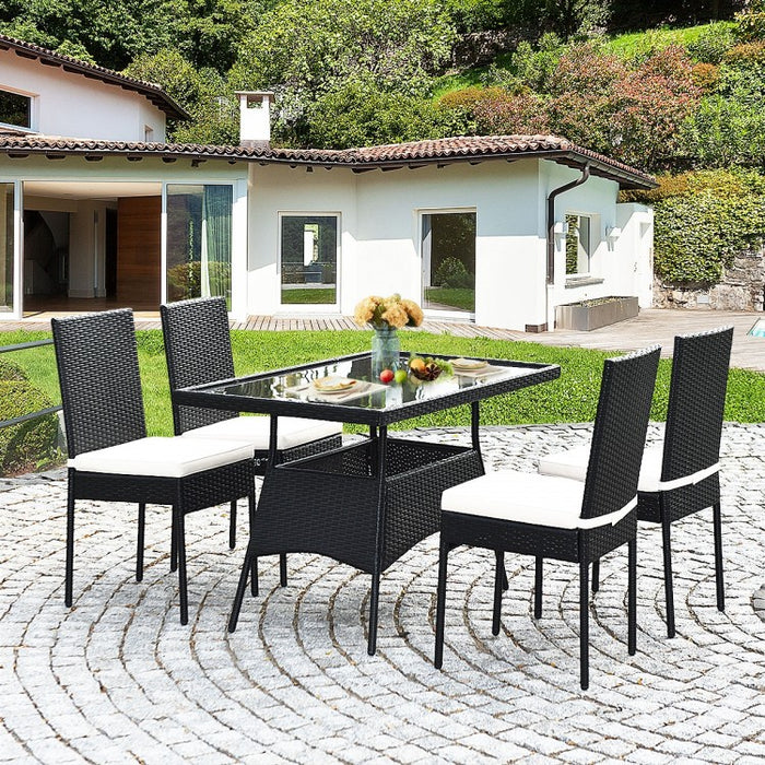 Outdoor Wicker Glass Top Dining Room Table Set - 5-Piece Set with High Back Chairs - Suitable for Backyard and Garden