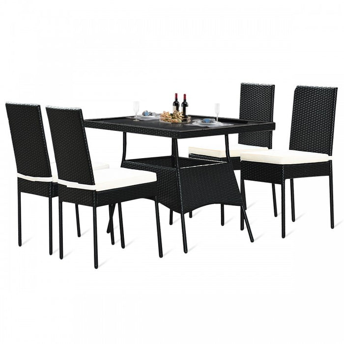 Outdoor Wicker Glass Top Dining Room Table Set - 5-Piece Set with High Back Chairs - Suitable for Backyard and Garden