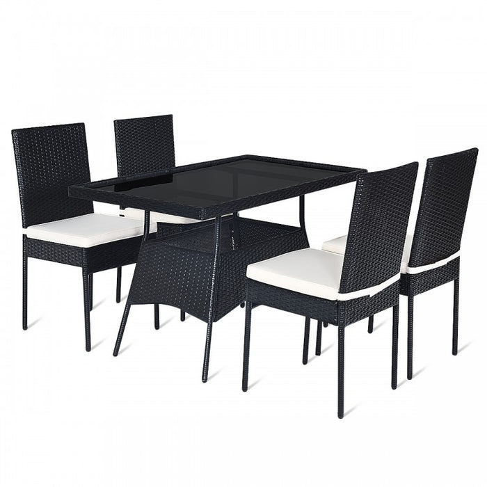 Outdoor Wicker Glass Top Dining Room Table Set - 5-Piece Set with High Back Chairs - Suitable for Backyard and Garden