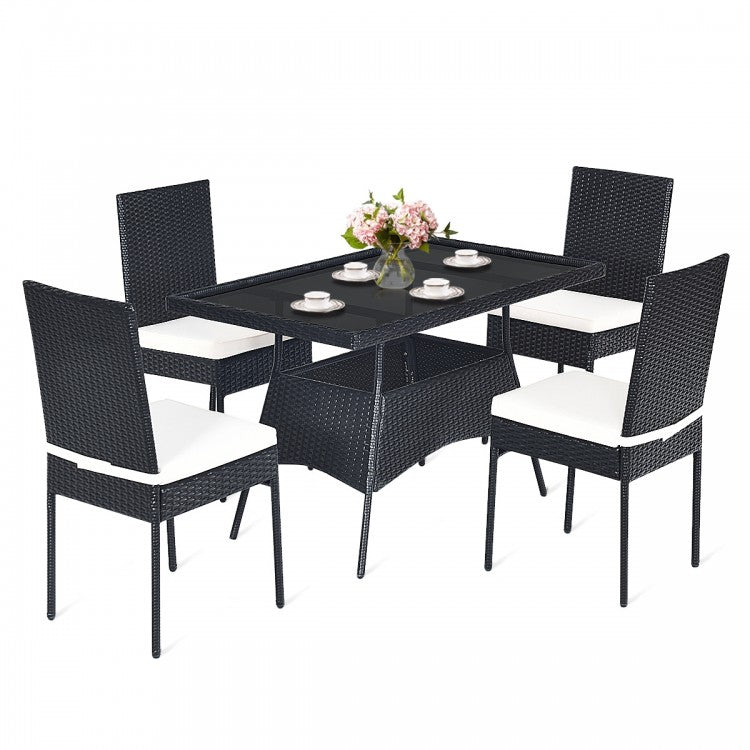 Outdoor Wicker Glass Top Dining Room Table Set - 5-Piece Set with High Back Chairs - Suitable for Backyard and Garden