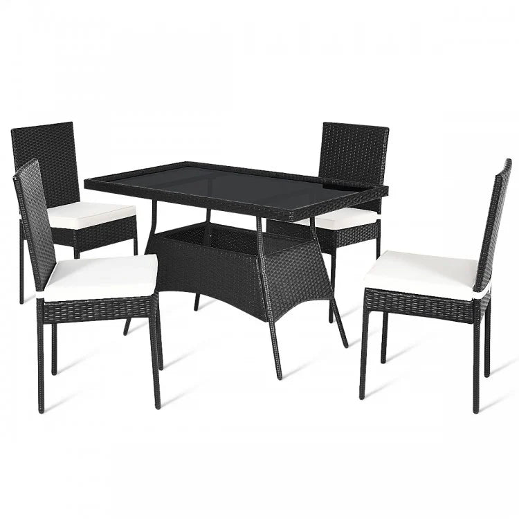 Outdoor Wicker Glass Top Dining Room Table Set - 5-Piece Set with High Back Chairs - Suitable for Backyard and Garden