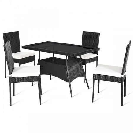Outdoor Wicker Glass Top Dining Room Table Set - 5-Piece Set with High Back Chairs - Suitable for Backyard and Garden
