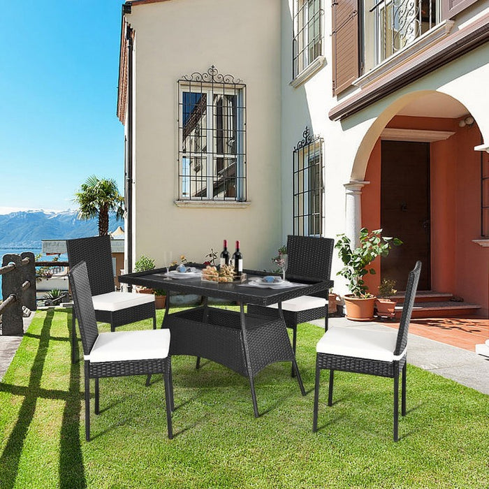 Outdoor Wicker Glass Top Dining Room Table Set - 5-Piece Set with High Back Chairs - Suitable for Backyard and Garden