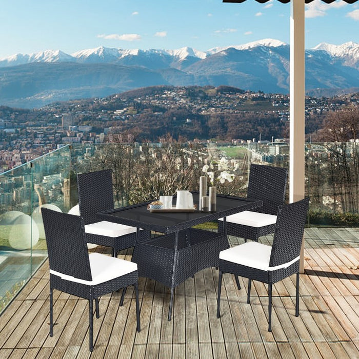 Outdoor Wicker Glass Top Dining Room Table Set - 5-Piece Set with High Back Chairs - Suitable for Backyard and Garden