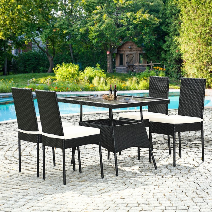Outdoor Wicker Glass Top Dining Room Table Set - 5-Piece Set with High Back Chairs - Suitable for Backyard and Garden