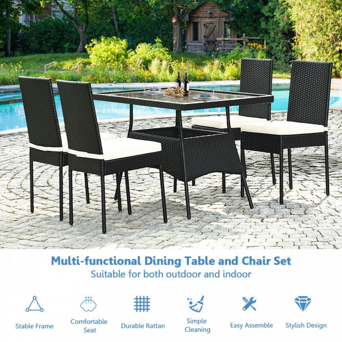 Outdoor Wicker Glass Top Dining Room Table Set - 5-Piece Set with High Back Chairs - Suitable for Backyard and Garden