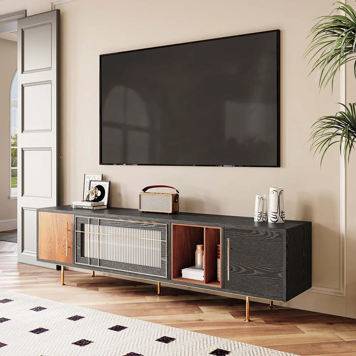 Modern Black TV Stand Entertainment Center with Open Shelves and Cabinet Doors