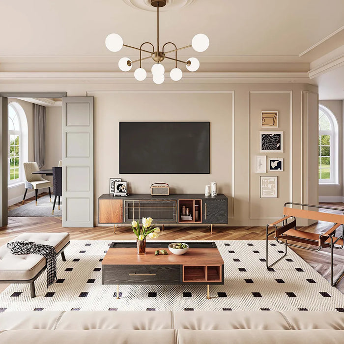 Modern Black TV Stand Entertainment Center with Open Shelves and Cabinet Doors