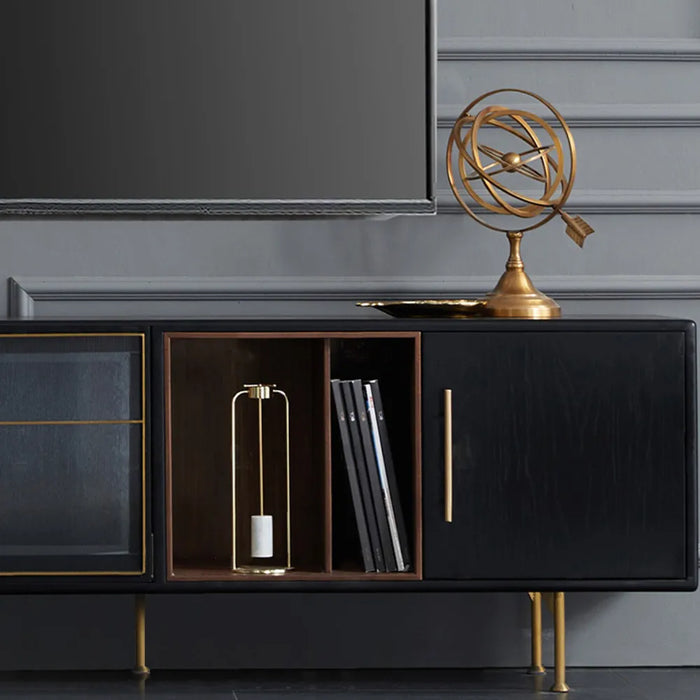 Modern Black TV Stand Entertainment Center with Open Shelves and Cabinet Doors
