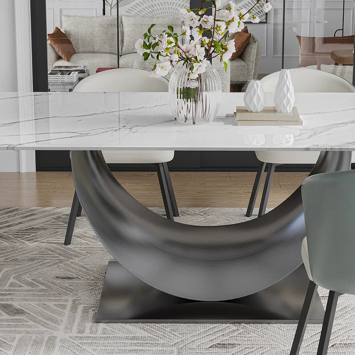 Modern Minimalist Dining Table with Crescent Base - Seats Up to 8 People, Suitable for Restaurant