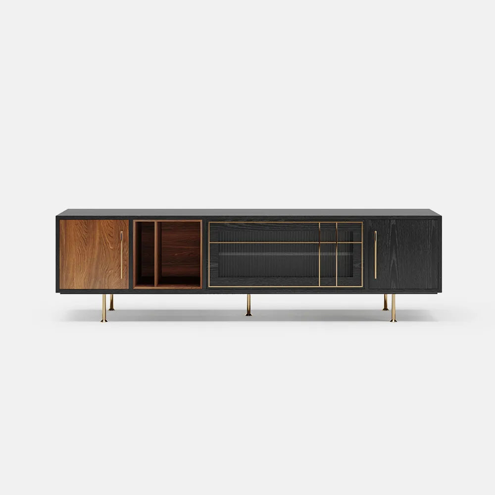 Modern Black TV Stand Entertainment Center with Open Shelves and Cabinet Doors