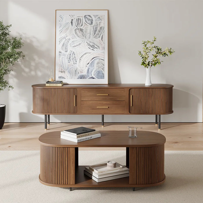 Mid-Century Modern Solid Wood TV Stand Entertainment Center with 2 Roller Racks and 2 Drawers - Suitable for Living Room