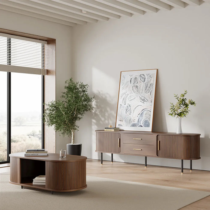 Mid-Century Modern Solid Wood TV Stand Entertainment Center with 2 Roller Racks and 2 Drawers - Suitable for Living Room