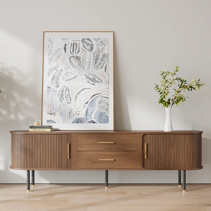 Mid-Century Modern Solid Wood TV Stand Entertainment Center with 2 Roller Racks and 2 Drawers - Suitable for Living Room