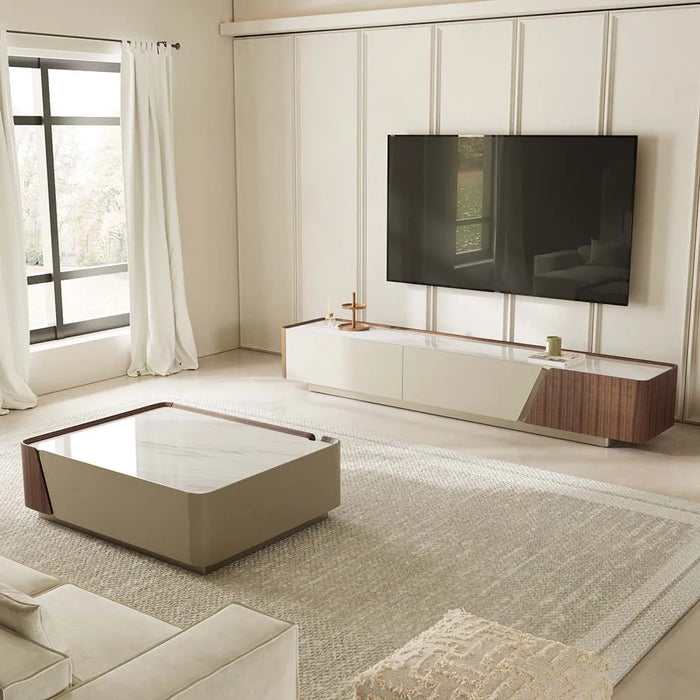 Modern Minimalist Floor TV Stand with Walnut Veneer and Storage Drawers - Suitable for Living Room
