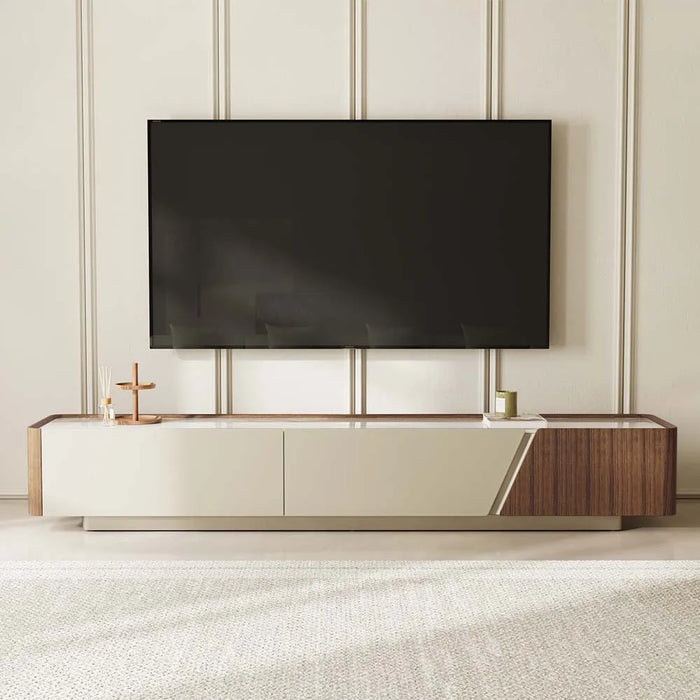 Modern Minimalist Floor TV Stand with Walnut Veneer and Storage Drawers - Suitable for Living Room