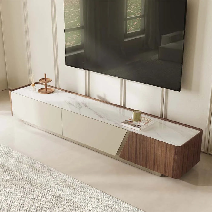 Modern Minimalist Floor TV Stand with Walnut Veneer and Storage Drawers - Suitable for Living Room