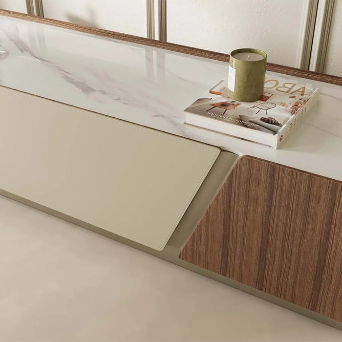Modern Minimalist Floor TV Stand with Walnut Veneer and Storage Drawers - Suitable for Living Room