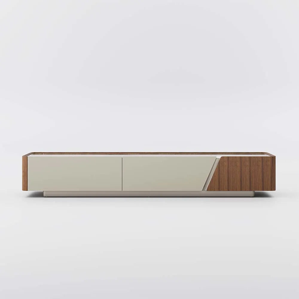 Modern Minimalist Floor TV Stand with Walnut Veneer and Storage Drawers - Suitable for Living Room
