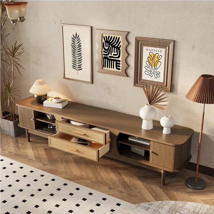 Mid-Century Vintage Wicker TV Stand with 2 Sliding Doors and 2 Drawers - Suitable for Living Room