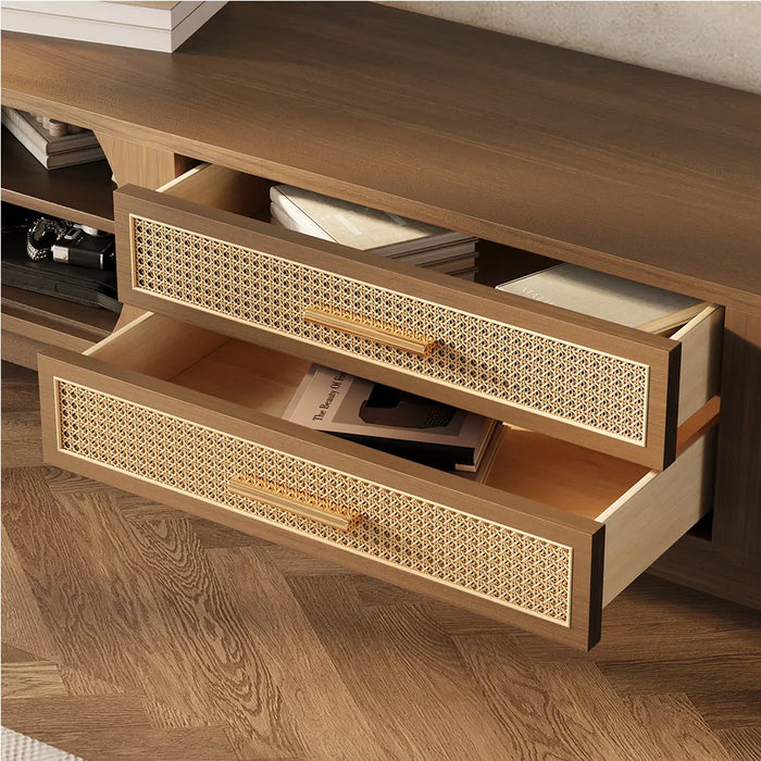 Mid-Century Vintage Wicker TV Stand with 2 Sliding Doors and 2 Drawers - Suitable for Living Room