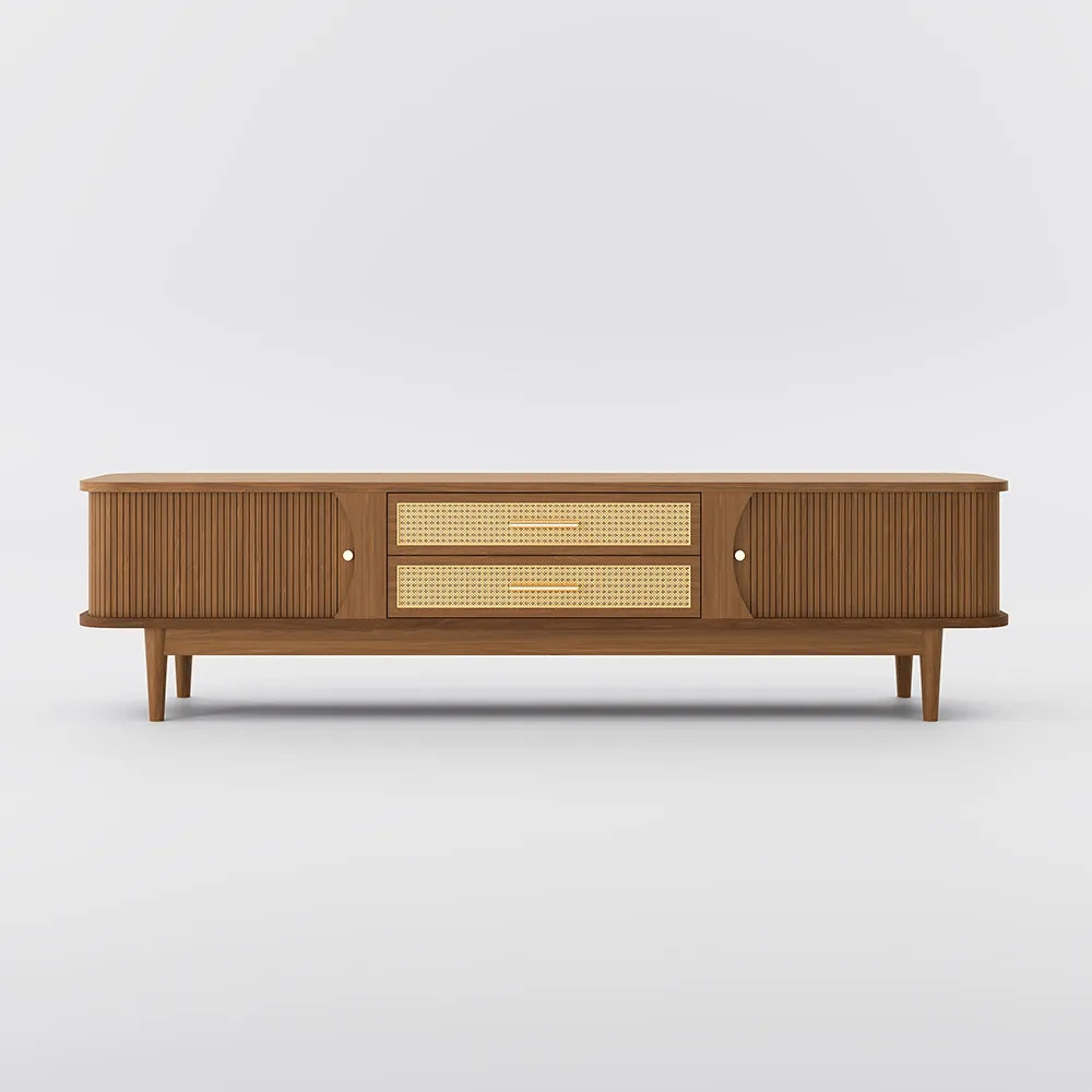 Mid-Century Vintage Wicker TV Stand with 2 Sliding Doors and 2 Drawers - Suitable for Living Room